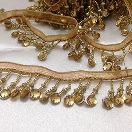 Beaded Trim Curtain Blind Bead Fringe Edge Trimming Gold 1 Yard X