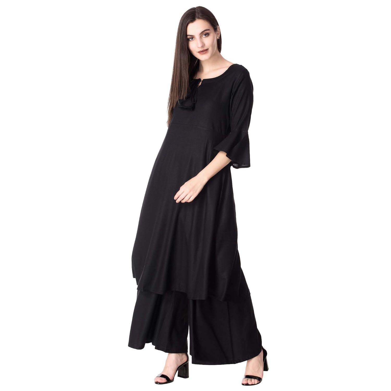 ortange readymade women's rayon kurta, palazzo with printed dupatta set