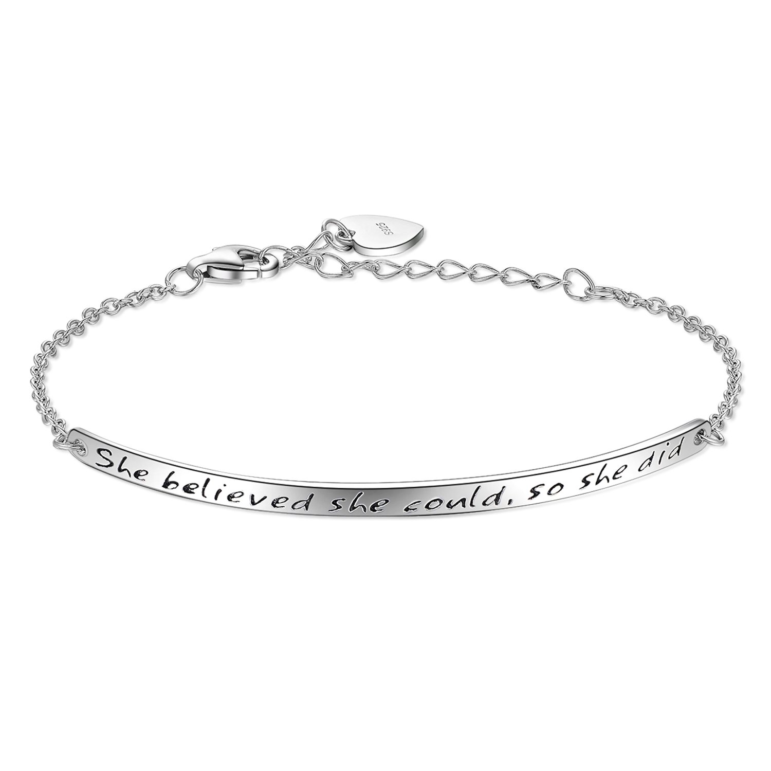 Billie Bijoux Women's 925 Sterling Silver Engraved Inspirational Adjustable Bracelet - She Believed She Could So She Did (A1-silver)