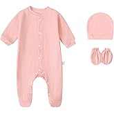 FITFIFTH POD Baby Rompers 0~3 to 3-6 Months 100% Cotton Footies 3PCS Jumpsuit with Solid Hats Mittens Gloves