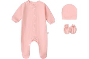 FITFIFTH POD Baby Rompers 0~3 to 3-6 Months 100% Cotton Footies 3PCS Jumpsuit with Solid Hats Mittens Gloves
