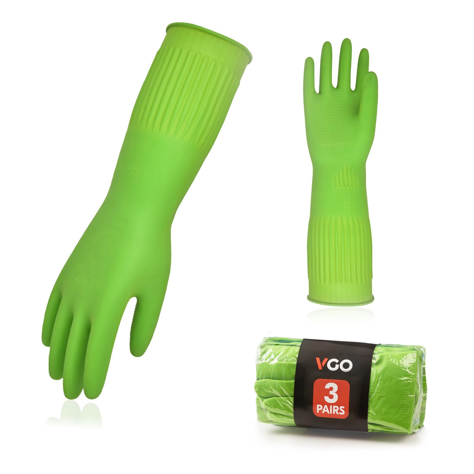 Vgo... 3Pairs Household Cleaning Gloves,Rubber Dishwashing gloves,Extra Thickness,20CM Long Sleeves,Kitchen Cleaning/Working/Painting/Gardening/Pet Care(RB2143, Green, S, 3Pairs)