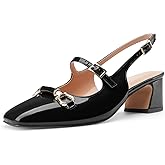 Oh Mispares Slingbacks Block Heels for Women Square Toe Low Heels Adjustable Buckle Strap Slip on Fashion Slingback Spring Summer Dress Pumps,(Black Size 10.5)