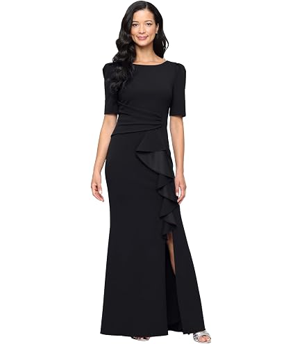Alex Evenings Women's Long 3/4 Sleeve Formal Event Dress with Cinched Tie Waist (Petite and Regular Sizes), Navy/Gold Metallic, 6 at Amazon Women's Clothing store