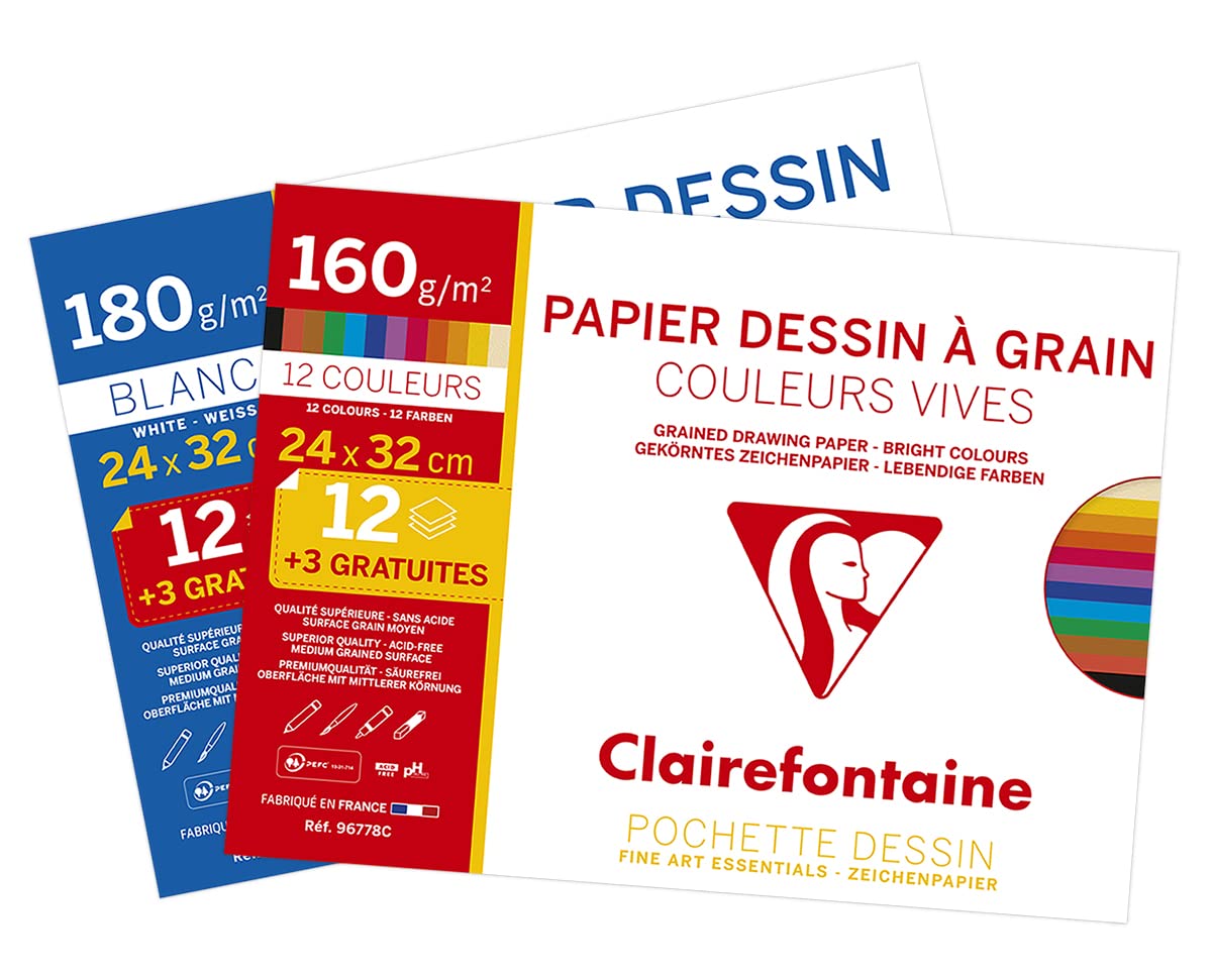 Clairefontaine 196178AMZC - Set of 2 - School Drawing Packs - 15 Sheets (12+3 free) Brightly Coloured Grain Drawing Paper - 24x32 cm 160g - Ideal for Art