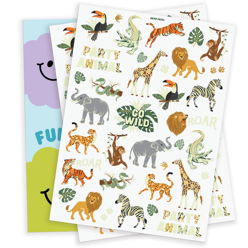 xo, Fetti Jungle Animal Glow in Dark Temporary Tattoos for Kids - 48 Pcs | Elephant Party Decorations, Wild Animal Birthday Party Supplies, Giraffe Favors, Safari Baby Shower, Tiger