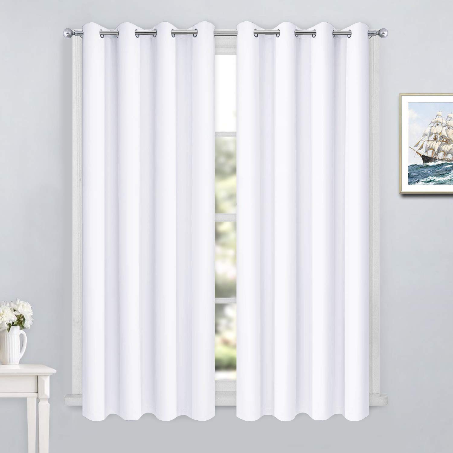 Yakamok Pure White Curtains Room Darkening Thermal Insulated Grommet top Window Curtains for Living Room, 52 x 54 Inch, Pure White, Set of 2