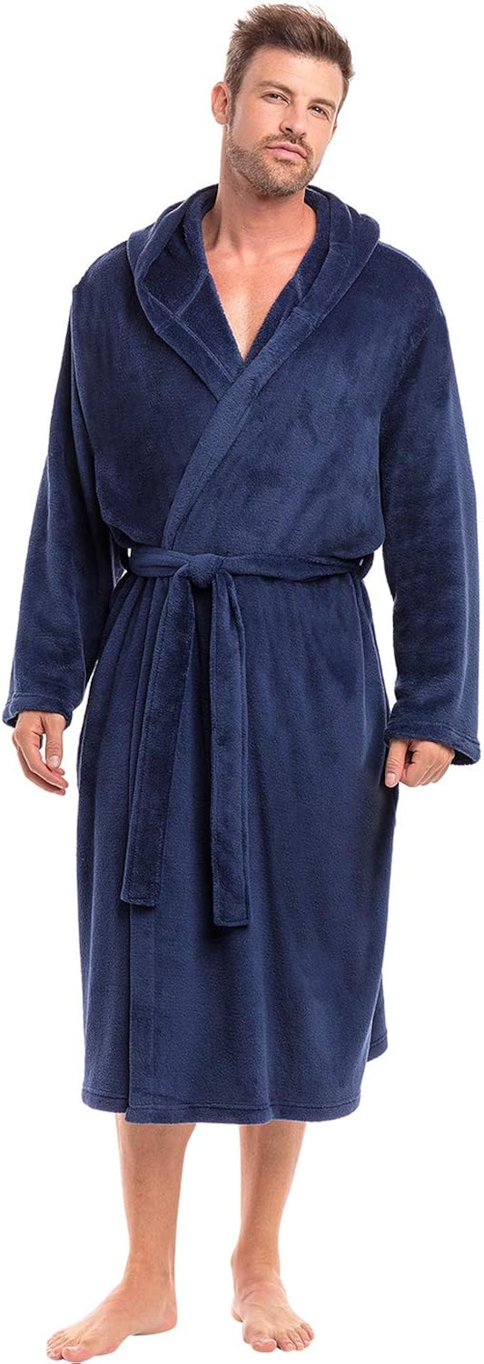 Alexander Del Rossa Men's Lightweight Fleece Robe with Hood, Soft Bathrobe at  Men’s Clothing store