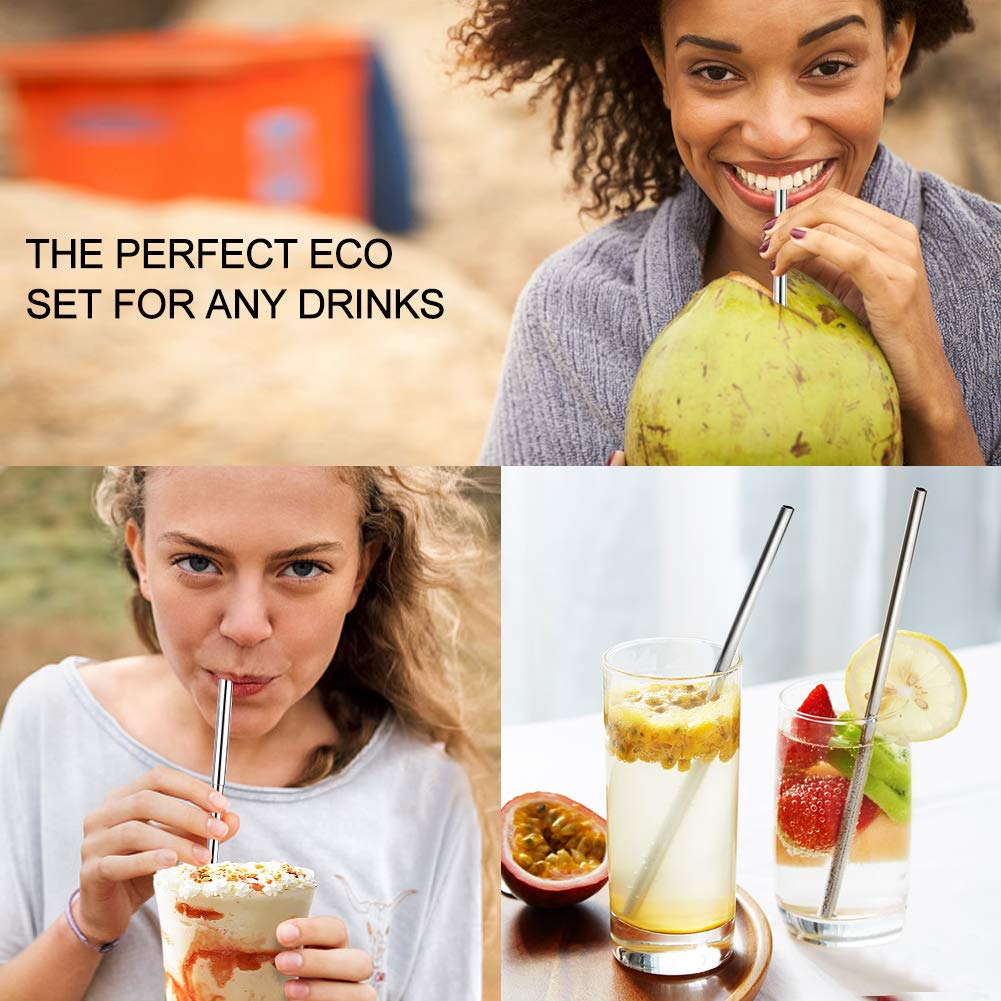 2 Pack Collapsible Reusable Straw, Foldable Stainless Steel Metal Straw with Case & Cleaning Brush, Portable Drinking Straw Set for Travel, Dishwasher Safe