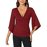 KIFOVEN Women’s 3/4 Bell Sleeve Tee Shirt Deep V Neck Wrap Ruched Slim Fit T Shirt Blouse Top Burgundy X-Large