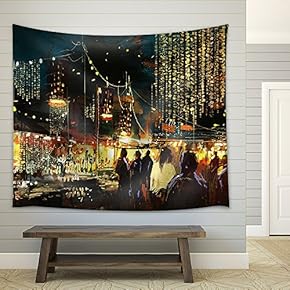 Painting of Shopping Street City with Colorful Nightlife - Fabric Wall Tapestry Home Decor - 51x60 inches