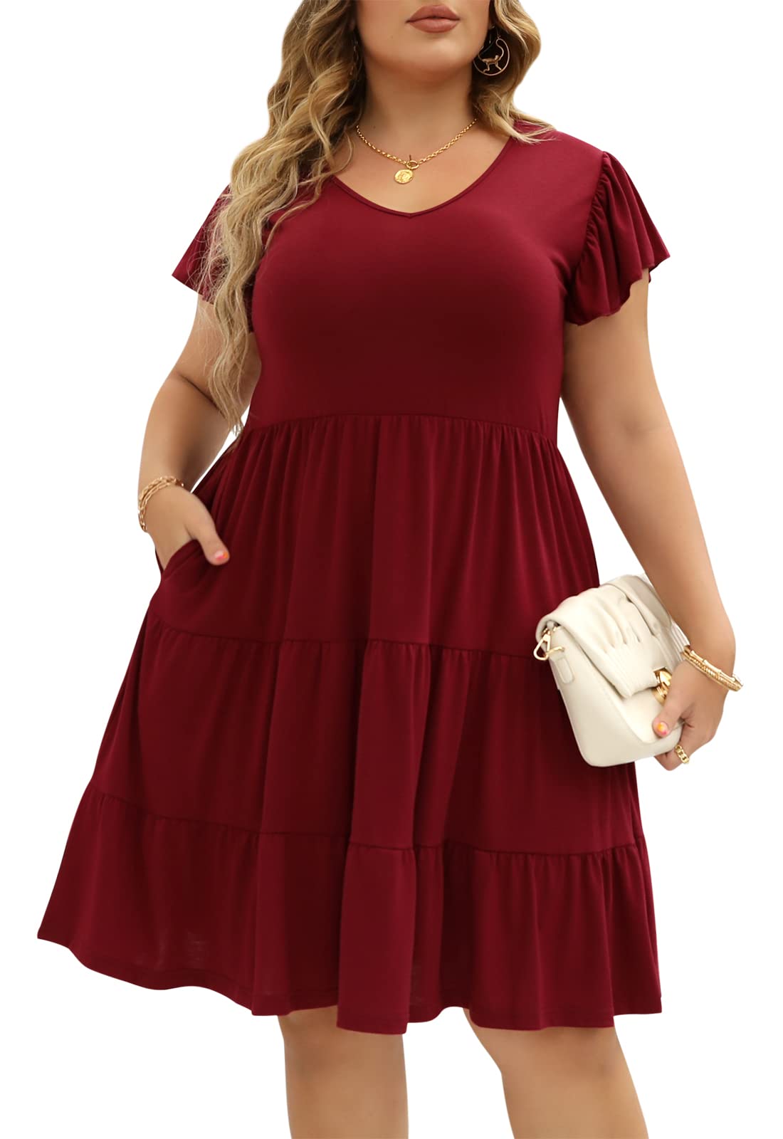 Photo 1 of Celkuser Plus Size Casual Summer Dresses Curvy Womens Elastic Waist Tiered A Line Ruffle Hem Dress with Pockets(cel137,14,Wine)
