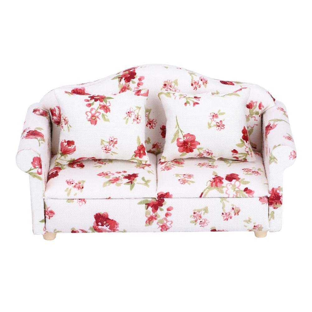 Mini Dollhouse Sofa, 1/12 Scale Furniture Couch Flower Pattern Set with Back Cushions, Made of Wood + Cloth, Great Gift for Dollhouse Toy, Exquisite Workmanship, for 1/12 Scale Dollhouse or Doll
