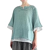 Minibee Women's Cotton Linen Shirts Summer 3/4 Length Sleeve Tops Chinese Frog Casual Blouse