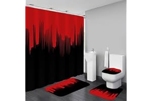 Yddsky 4 Pcs Red and Black Shower Curtain Sets Non-Slip Rugs Bath Mat Toilet Cover, U-Shaped Mat, Gradient Shower Curtain with 12 Hooks, Black and Red Bathroom Set