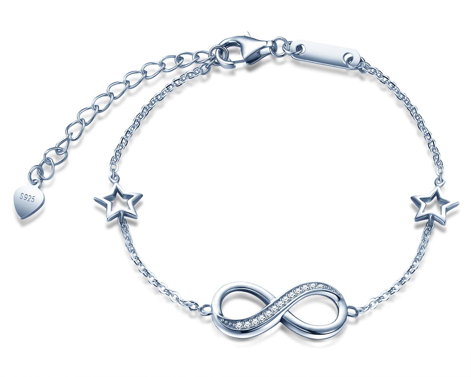 Infinity Symbol Ladies Girl Bracelet, 925 Sterling Silver Cubic Zirconia Bracelet, Adjustable Star Bracelet, Silver, Christmas Birthday Gift