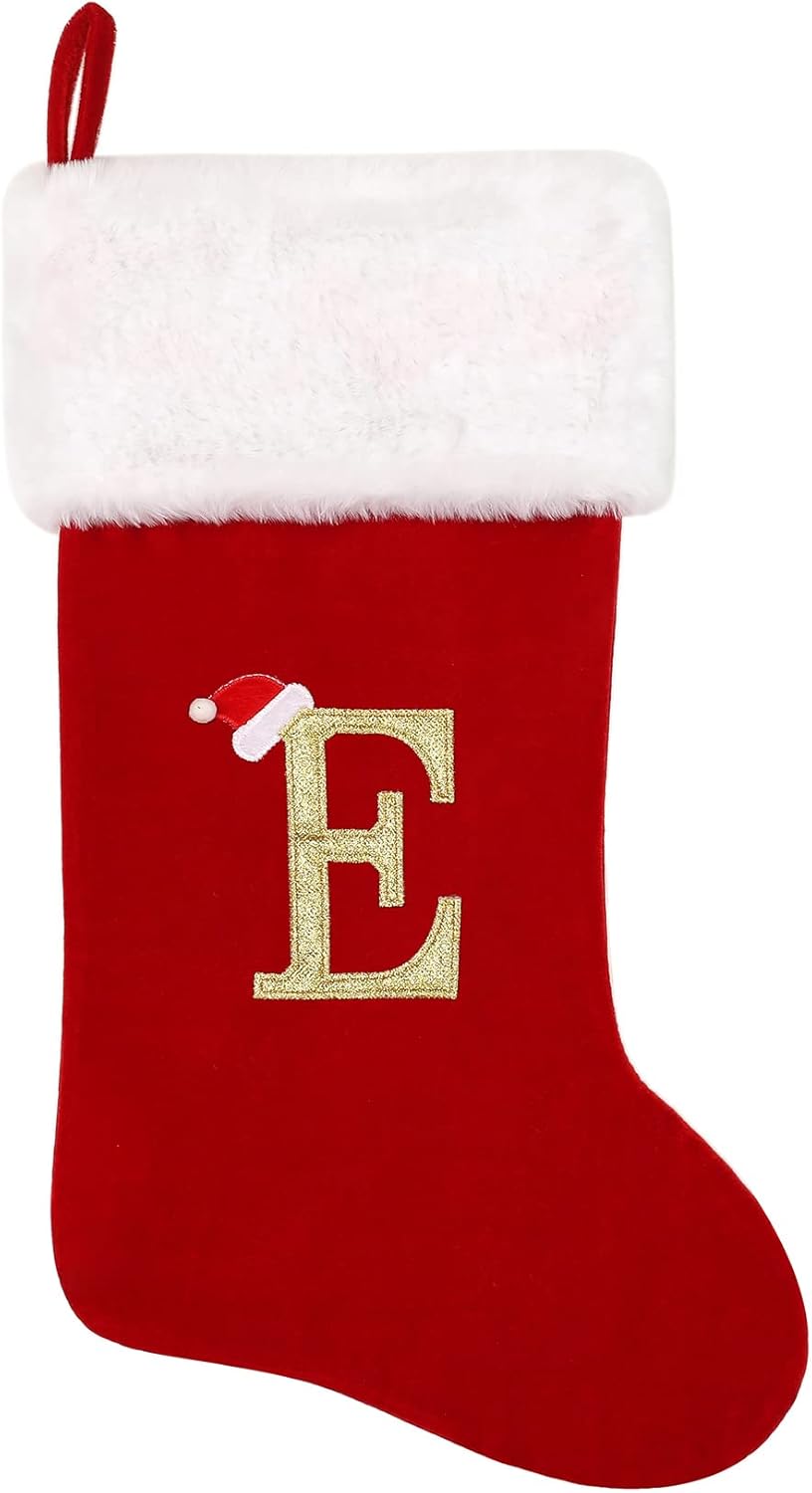 Stockings & Holders - Tokforty 20 Inches Red Velvet with White Super Soft Plush Cuff Monogram Christmas Stockings, Xmas Personalized Embroidered Letter Stockings for Family Holiday Decorations and Xmas Tree Fireplace（E）