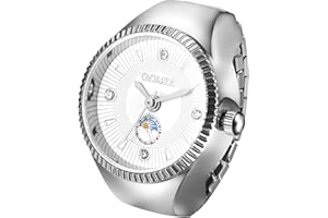 JewelryWe Unisex Finger Ring Watch: Men Women Gold Elastic Stretchable Band Roman Numerals Round Dial Stainless Steel Quartz Ring Watches for Christmas