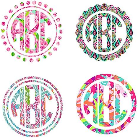 Framed Circle 3 Letter Initials Monogram - Lilly Print Inspired Vinyl Decal - Pick Your Frame, Pattern and Size (3.5 inch)