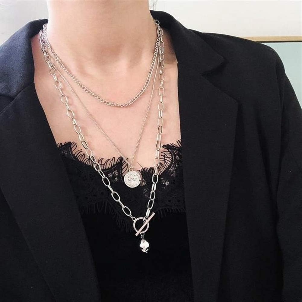 Vintage Multilayers Metal Punk Silver Chains Cross Square Choker Gothic Collar Punk Charm Necklace Pendant Neck - Jewelry Statement Rock 90's Heavy Duty for Men Women Male Female (Type: F)