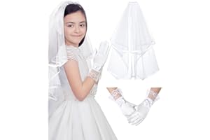 Geyoga 2 Pcs First Holy Communion Veil and Gloves Set 1st Holy Communion Accessories for Girls Wedding Party Costume