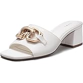 FITORY Womens Low Heel Sandals, Chunky Block Square Open Toe Slides 2026, Metal Chain Slip on Dressy Shoes for Party, Wedding and Daily Wear Size 6-11