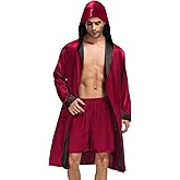 SWOMOG Mens Hooded Robe Satin Bathrobe with Shorts Set Silky Kimono Robe with Hood