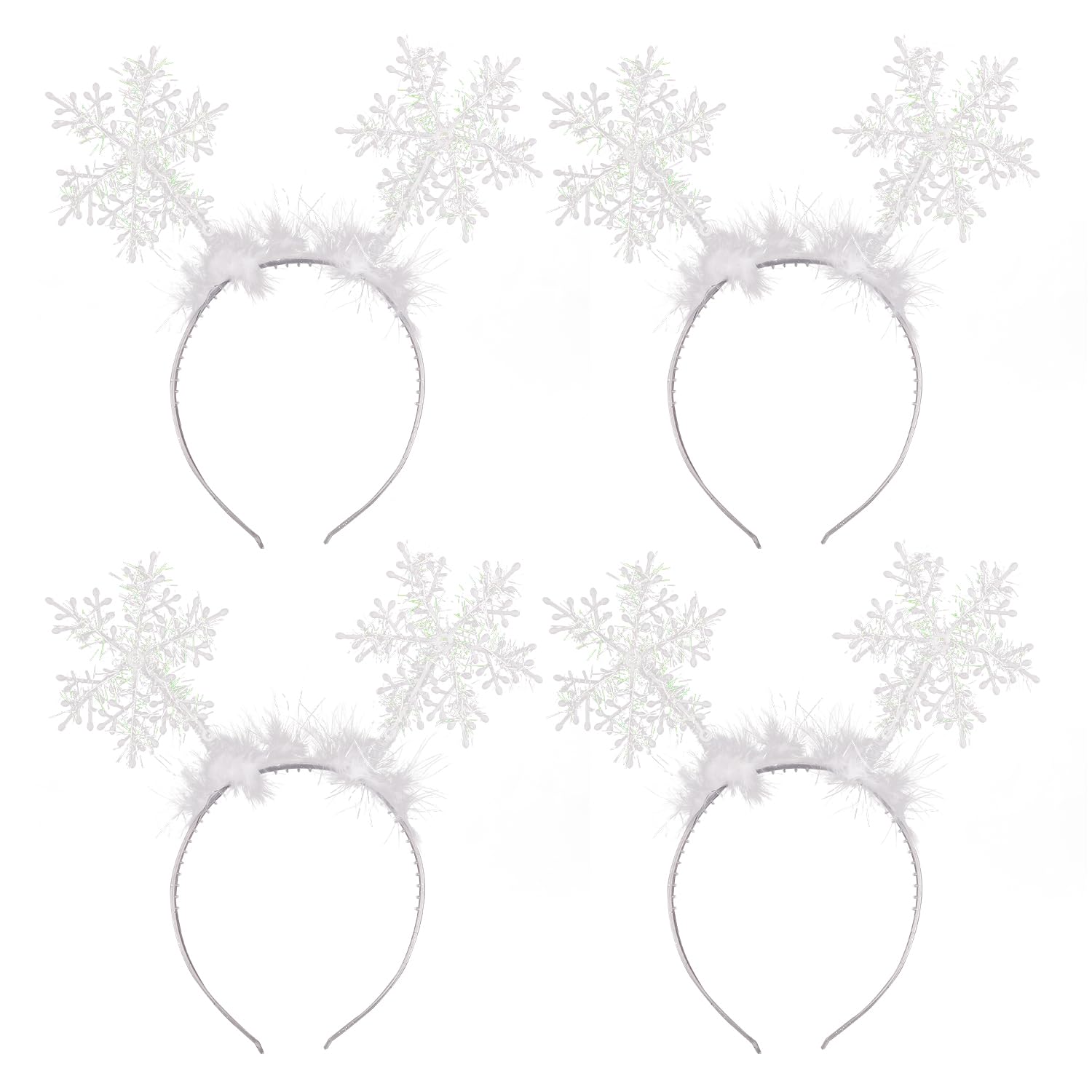HIXNUG 4 Packs Christmas Snowflake Headband Glitter Head Boppers Feather Snowflake Headdress for Christmas Hair Accessories
