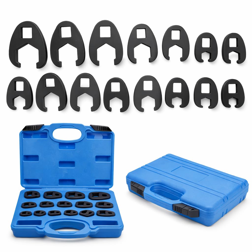 Professional 15 Piece Crow Foot Spanner Set with 3/8 inch and 1/2 inch Drive Sizes 8mm to 24mm Metric Open End Wrenches for Automotive Mechanic Workshop Tool Kit Garage Maintenance