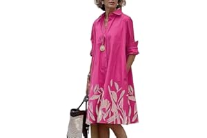 MARSVOVO Womens Linen Long Sleeve Midi Printed Button Down Shirt Dress Plus Size Loose Shirt Dresses for Women with 2 Pockets
