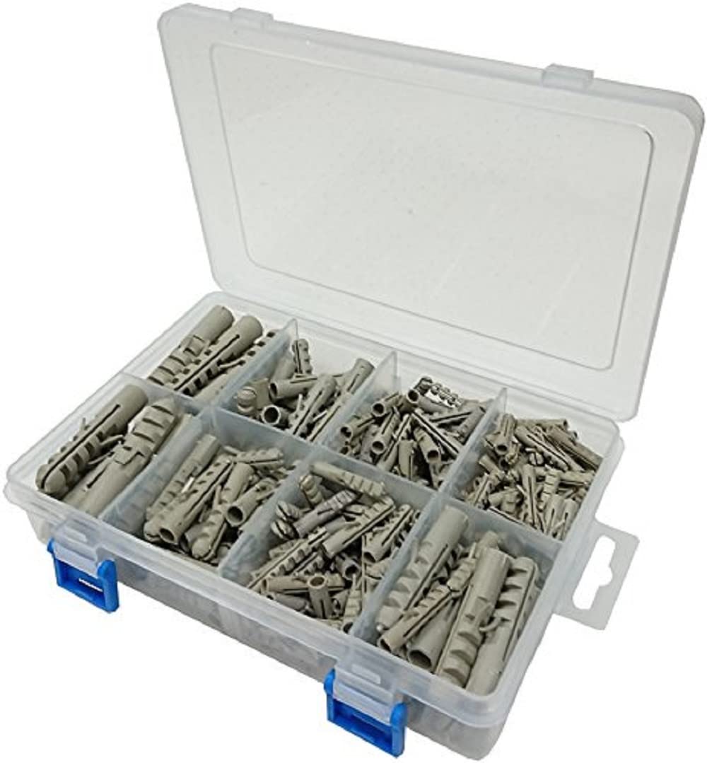 Merriway BH06599 (350 Pcs) Assortment of Grey Heavy Duty Rimless Nylon Wall Plugs in a 8 Compartment Carry Case - Pack of 350 Pieces