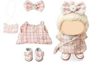 NEOVISTA Clothes Compatible with LABUBU Doll – 4PCS Pink Tweed Charm Set, 17cm Doll Clothes Designer Outfit for Romantic Pastel Theme, Chic Stylish Accessories for Labubu, No Doll (Peachy Tweed Daydream)