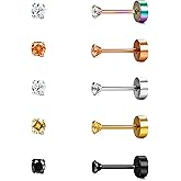 BESTEEL 20G Hypoallergenic Flat Back Earrings for Women Men Surgical Steel Stud Earrings Tiny Cubic Zirconia Cartilage Tragus Earrings Screw Back Earrings Set for Sensitive Ears 2/3/4/5/6MM