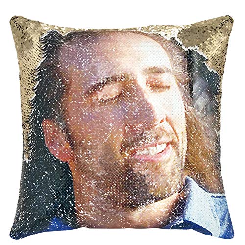 URSKYTOUS Reversible Nicolas Cage Sequin Pillow Case Decorative Mermaid Pillow Cover Color Changing Cushion Throw Pillowcase 16" x 16",Nicolas and Gold