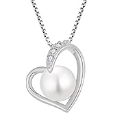 Vinoya Freshwater Cultured Pearl Pendant Necklaces for Women 925 Sterling Silver Heart Necklaces for Mom White/Yellow Gold Plated Cubic Zirconia Jewelry
