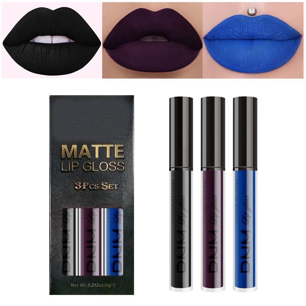 3Pcs Dark Black Blue Purple Matte Liquid Lipstick Sets, Long Lasting Matte Lipstick Lip Stain Lip Gloss Set 24 Hour Waterproof Matt Lipsticks Set (Set07)
