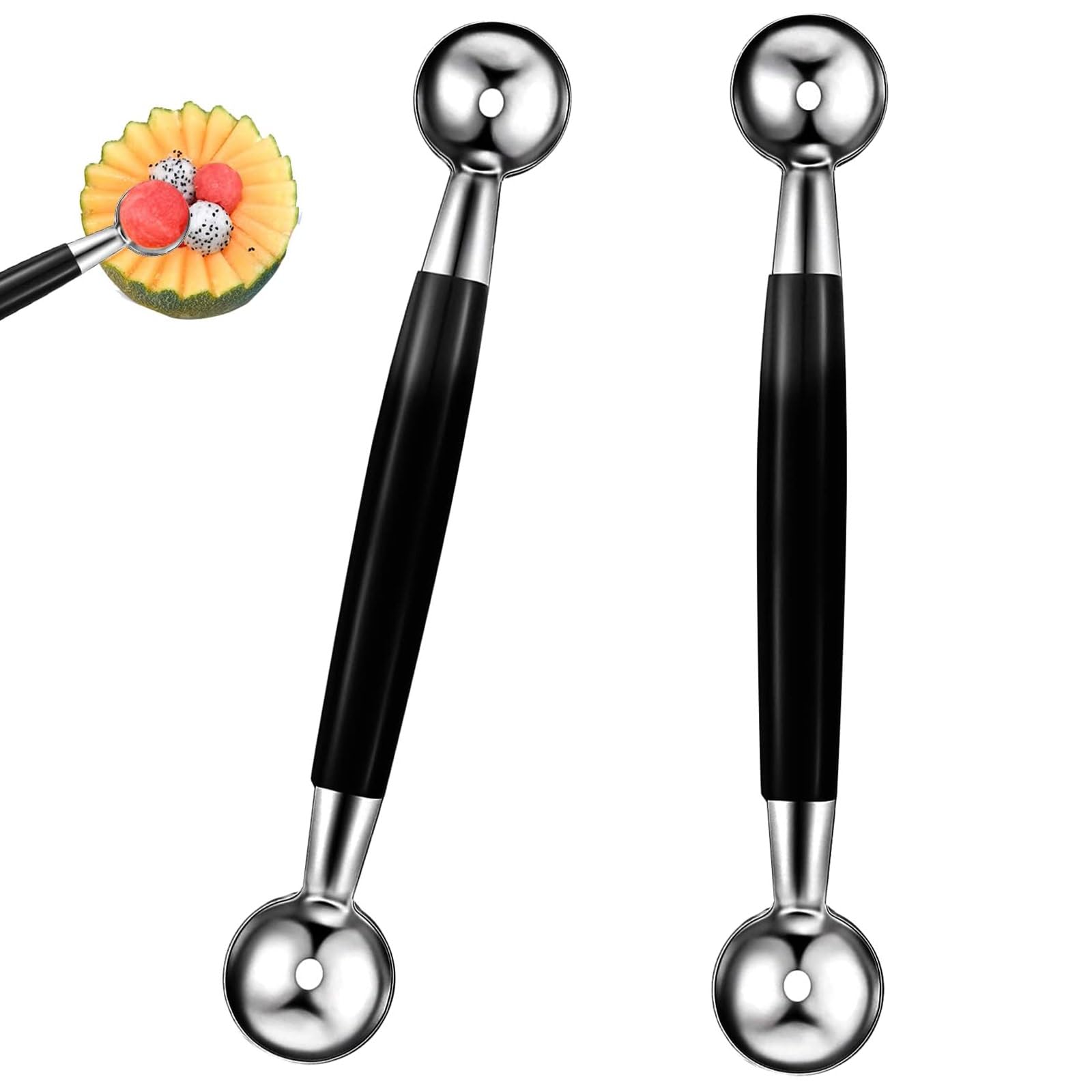 2 PCS Double Sided Melon Baller, Round Melon Balls Fruit Baller Scoop Melon Baller Scoop Stainless Steel Melon Baller Melon Scoop Double Scoop Ice Cream Cone Double Dessert Scoop for Fruit Ice