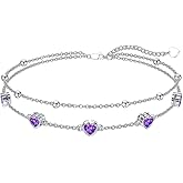 Dorunmo 925 Sterling Silver Heart Birthstone Anklet Bracelets for Women Best Mother's Day Birthday Jewelry for Wife Girlfriend Mom Daughter Her