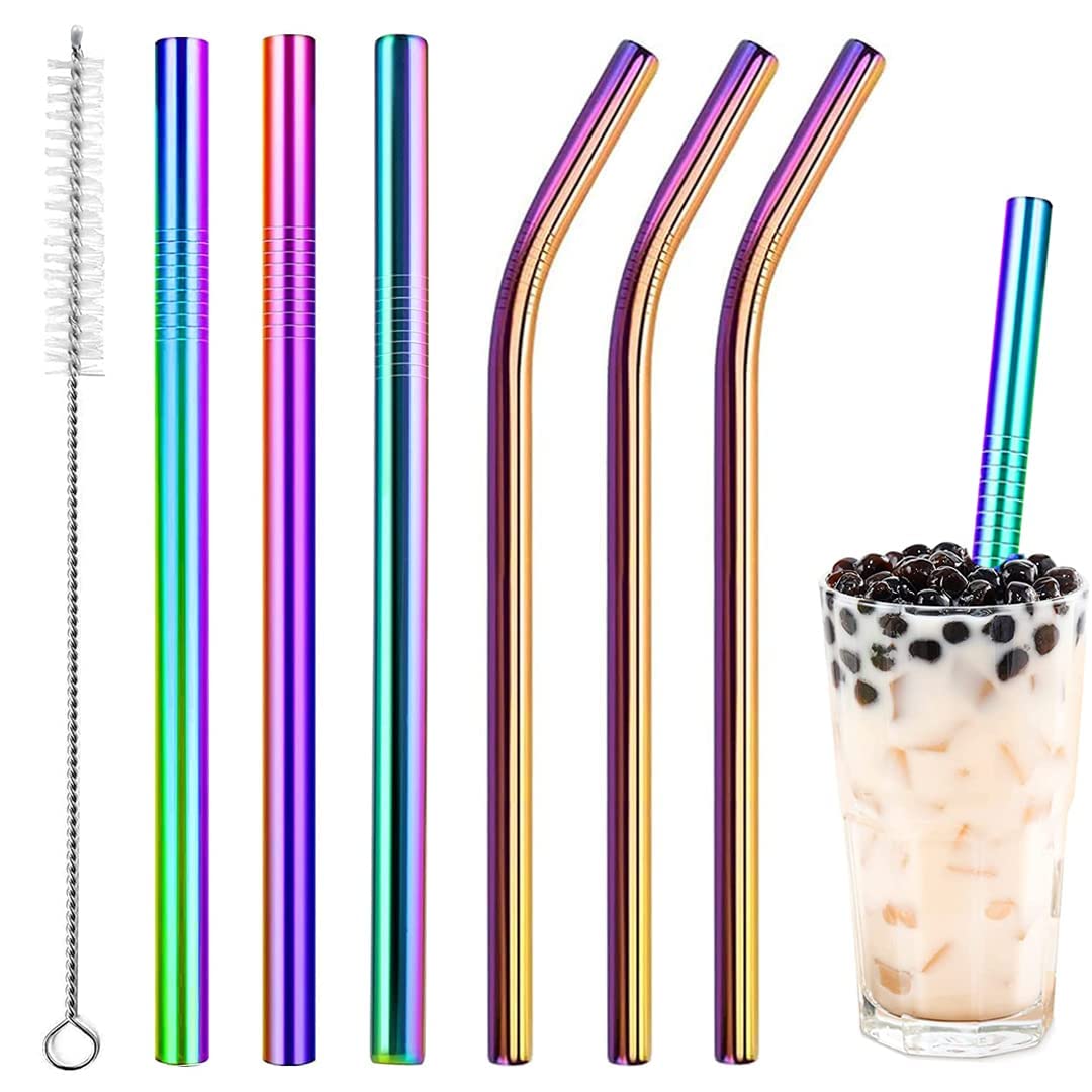 Vinaco Rainbow Stainless Steel Milkshake Straws, 6 Pack, 10.5" & 8.5" Long, 0.4" Wide, Reusable, Eco-friendly, Extra Wide