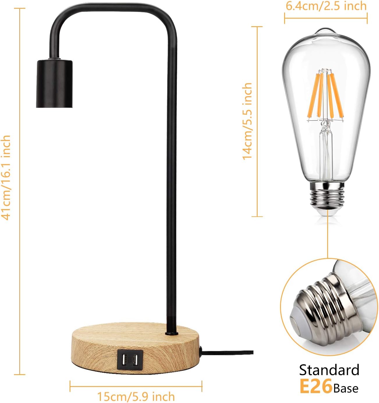 Touch Control Table Lamp, USB Desk Lamp, 3 Way Dimmable Modern Nightstand Lamp with Two USB Charging Ports for Bedroom, Living Room, Office, Dimmable Vintage 6W ST64 E26 LED Bulb Included: Home & Kitchen