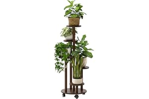 kiplant Indoor Plant Stand with Wheels, 5 Tiered , Bamboo Plant Stands for Indoor Plants Multiple, Corner Plant Stand for Window Garden Balcony Living Room Outdoor