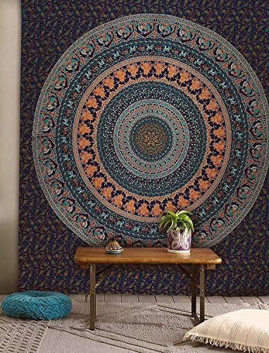 Tanya Handicrafts King Size Ethnic Mandala Tapestry Bedding Sheet Multi Color Indian Mandala Wall Art Hippie Wall Hanging Bohemian Bedspread (Blue & Orange, King (270 x 270 Centimeters))