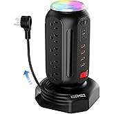 Power Bar Tower-Surge Protector-Fast Charging 30W-Multiple Plug Outlet Spin Tower Station-Colorful Night Light-15 AC Outlets,