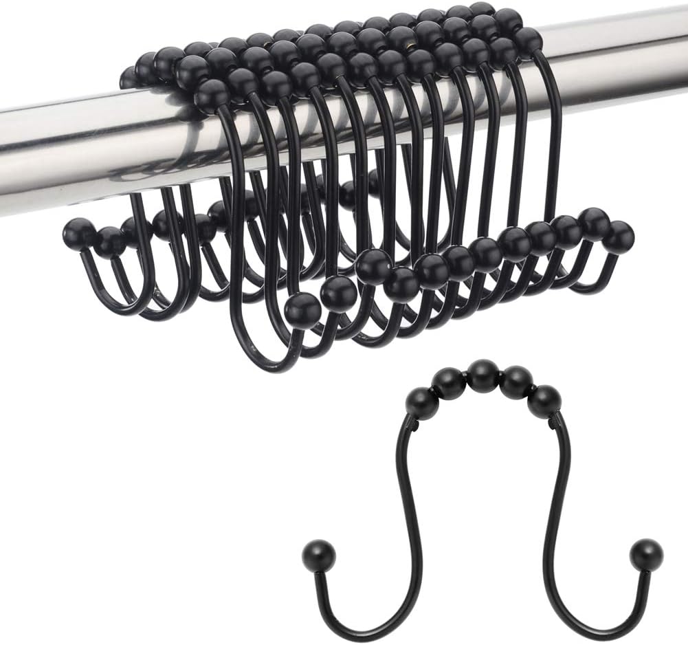 Amazer Black Shower Hooks, Double Hook Shower Curtain Hooks Stainless Steel Heavy Duty Shower Rings Rust-Resistant Shower Curtain Rings for Bathroom Shower Curtain Liner Rod, Set of 12, Black