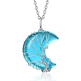 Bestyle Tree of Life Wrapped Healing Crystal Necklaces 12 Month Birthstone Pendant for Women, Crescent/Heart Gemstone Jewelry, Vintage Birthday Gifts/Energy Gift