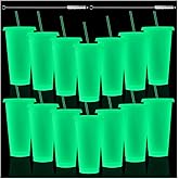 Honeydak 15 Pack 24 oz Glow in The Dark Cups Gift Bulk Light up Neon Plastic Tumbler with Straw and Lid Glow in The Dark Party Supplies Water Bottle Iced Coffee Mug Reusable(Fluorescent Green)
