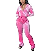 Chatinction Women's 2 Piece Outfit Velour Zip Up Crop Jacket and Bell Bottoms Long Pants with Pockets Tracksuit Set