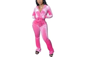 Chatinction Women's 2 Piece Outfit Velour Zip Up Crop Jacket and Bell Bottoms Long Pants with Pockets Tracksuit Set