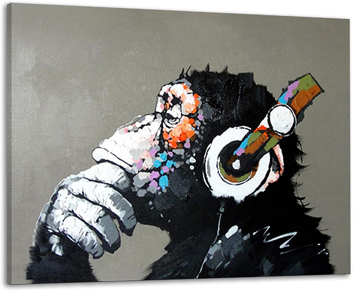 Paintings - Muzagroo Art Monkey Listening to Music Oil Paintings Hand Painted Huge Wall Art for Living Room Stretched Ready to Hang XL