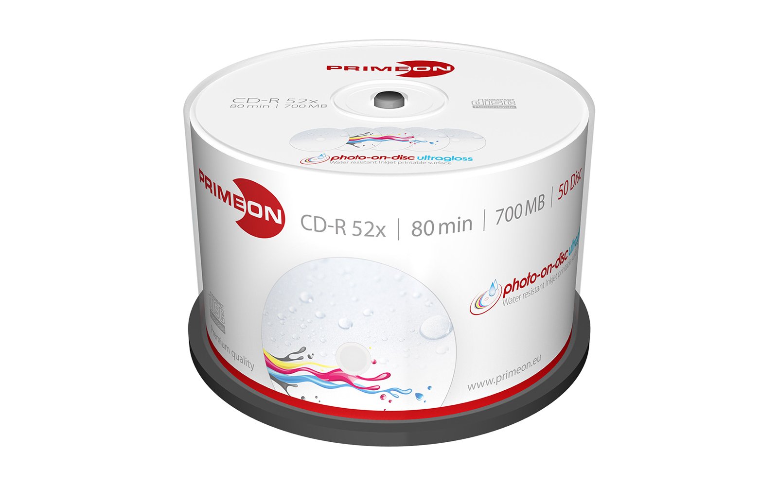 PRIMEON CD-R 80Min/700MB/52x Cakebox (50 Disc), photo-on-disc ultragloss Surface, Water resistant Inkjet Fullsize Printable